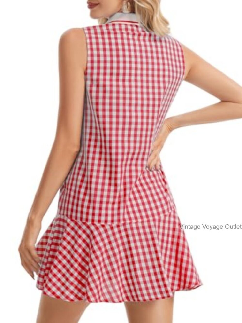 Women's Gingham Polo Dress V Neck Sleeveless Plaid Tennis Dress Ruffled Hem - Picture 6 of 7